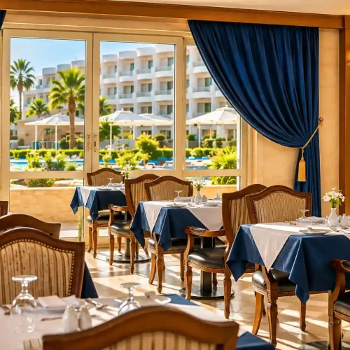 Sunlit Resort Dining Room with Pool Views